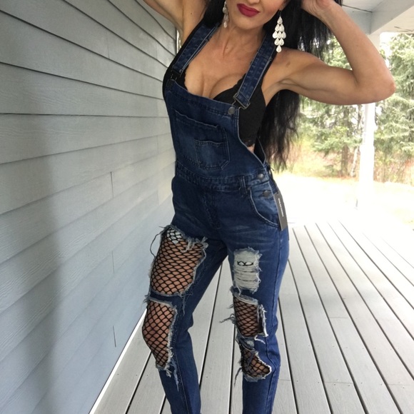 Fishnet insert boyfriend distressed denim overalls - Picture 3 of 8